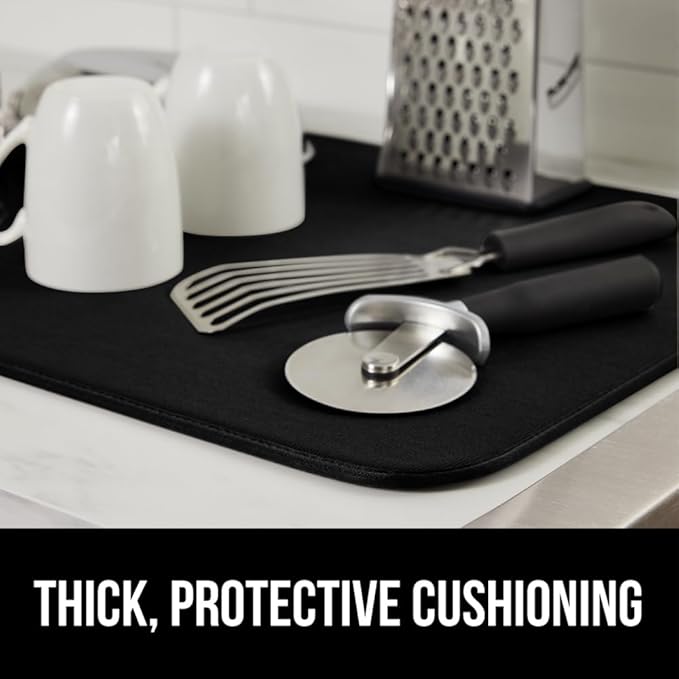 GORILLA GRIP Ultra Water Absorbent Microfiber Dish Drying Mat, Quick Dry Thick Mesh, Slip Resistant Pad for Sink Dishes or Under Rack, Kitchen Counter Accessories, 16x18, Machine Wash, 2 Pack Black