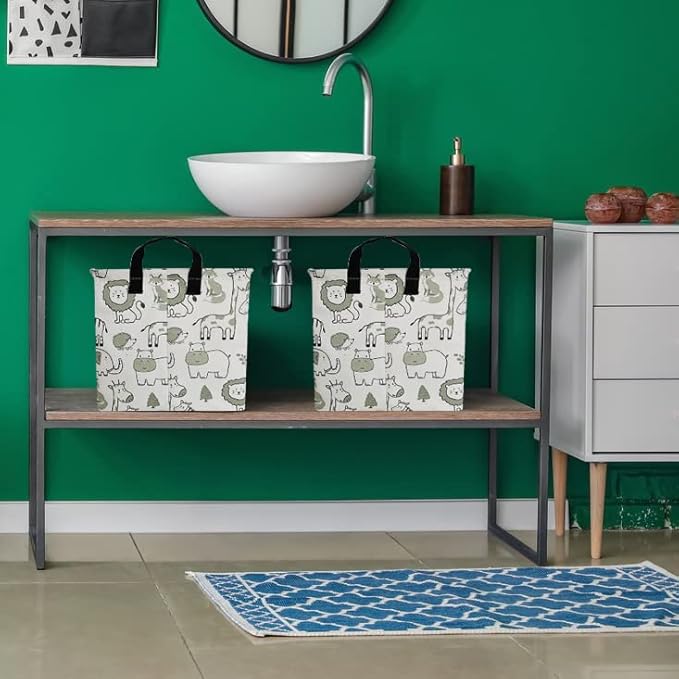 CLOCOR Rectangular Large Storage Basket,Collapsible Cute Pattern Storage Bin,Waterproof Storage Box with Handles,Gift Basket Empty,Room Decor(Green Animals)-NeatNest