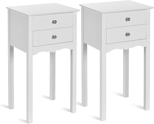 Giantex 2 Pcs End Table w/ 2 Drawers Side Table Nightstand Multi-Purpose Accent Table Living Room Bedroom Home Furniture (2, White)