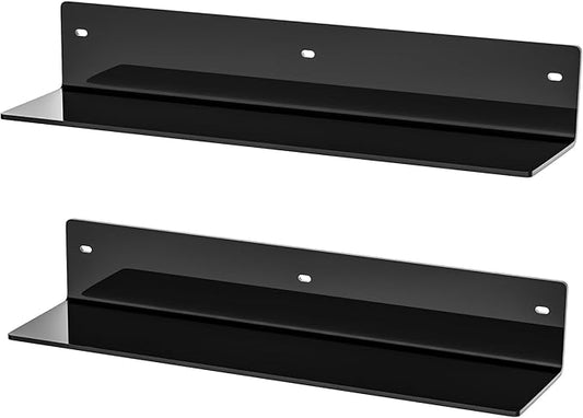 16 Inches Black Acrylic Wall Shelves 2 Pack, L Shape Floating Shelf, Acrylic Corner Shelf for Model Car, Candle, Calendar, Towel, Toiletries, Moisture-Proof, 4'' Depth-NeatNest