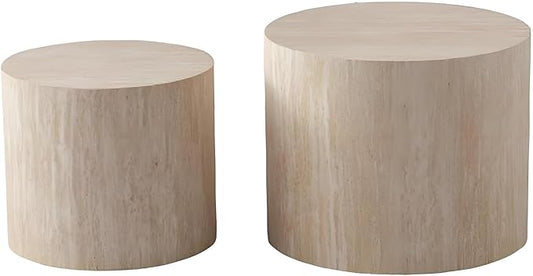 Nesting Coffee Table Set of 2 Wood Circle Drum Coffee Tables Set Round Fluted Coffee Tables for Living Room & Small Space (terrazzo)