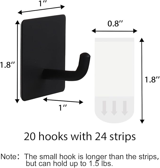 20 Pcs Towel Hooks with Removable Strips for Hanging, Adhesive Wall Heavy Duty, Outdoor No Damage, Sticky Hook for Bathrooms, Shower, Stockings, Decor, Robe, Small, Black 304 Stainless Steel