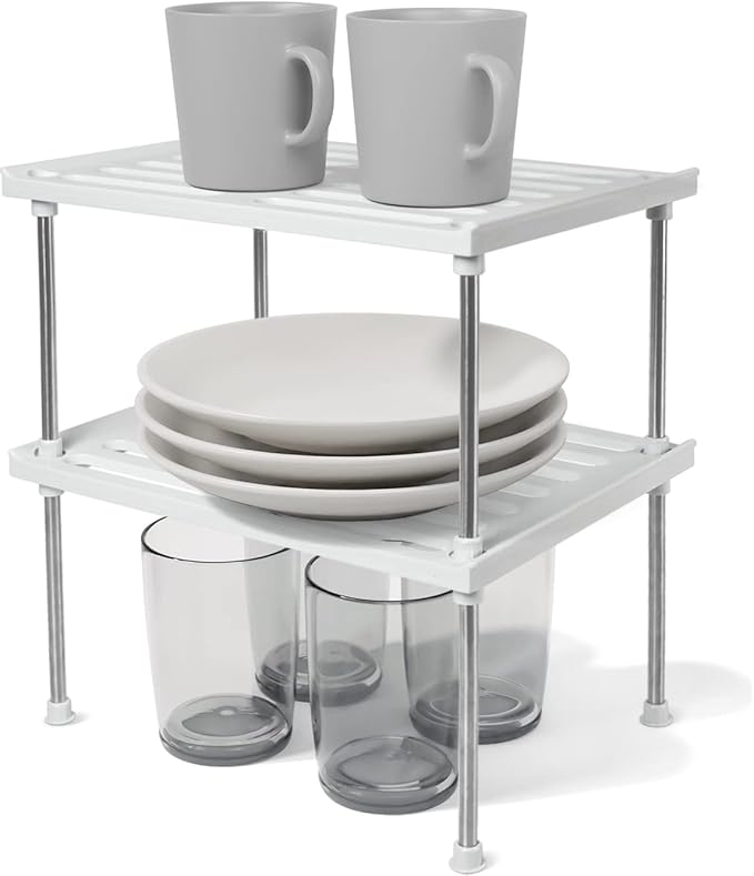 carrotez Kitchen Cabinet Organizer, Cabinet Shelves and Storage, Pantry Storage Shelf Organizer, Kitchen Counter Shelf, Cupboard, Under Sink, Stackable, Expandable, Set of 2, White-NeatNest