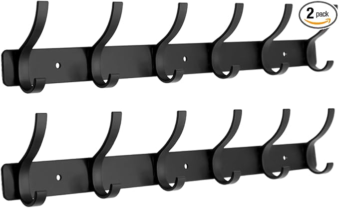 Coat Rack Wall Mounted,6 Coat Hooks for Hanging Coats,Metal Double Hook Rack Hook Rail,Coat Rack with Hooks,Wall Mount Coat Hanger for Hat Towel Purse Robes (2 Pack Black, 6 Hooks)-NeatNest