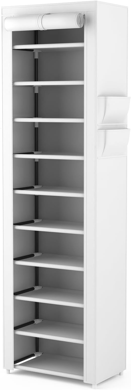 VTRIN Vertical Narrow Shoe Rack Organizer Tall Shoe Rack for Closet Entryway 10 Tier Non-Woven Cover Shoe Shelf Holds 20-22 Pairs Free Standing Shoe Storage Cabinet with Dustproof Cover, White-NeatNest