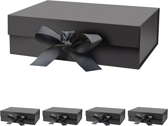 5 Pack 10.5"X7.5"X3.1" Black Magnetic Gift Box with Lid and Ribbon for Presents-NeatNest