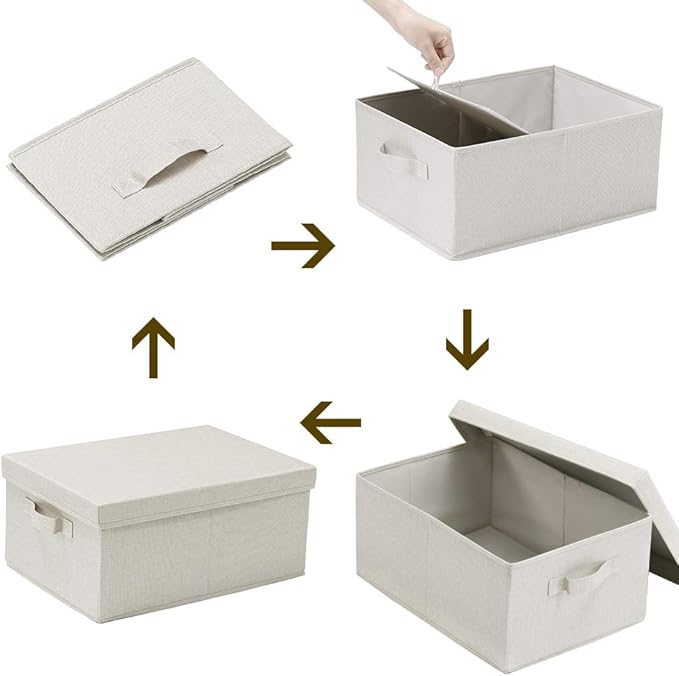 HOONEX Foldable Storage Bins with Lids, 2 Pack, Storage Boxes with Carrying Handles and Sturdy Heavy Cardboard, 16.5" L x 11.8" W x 7.5" H for Shoes, Books, Clothes, Linens, Beige-NeatNest