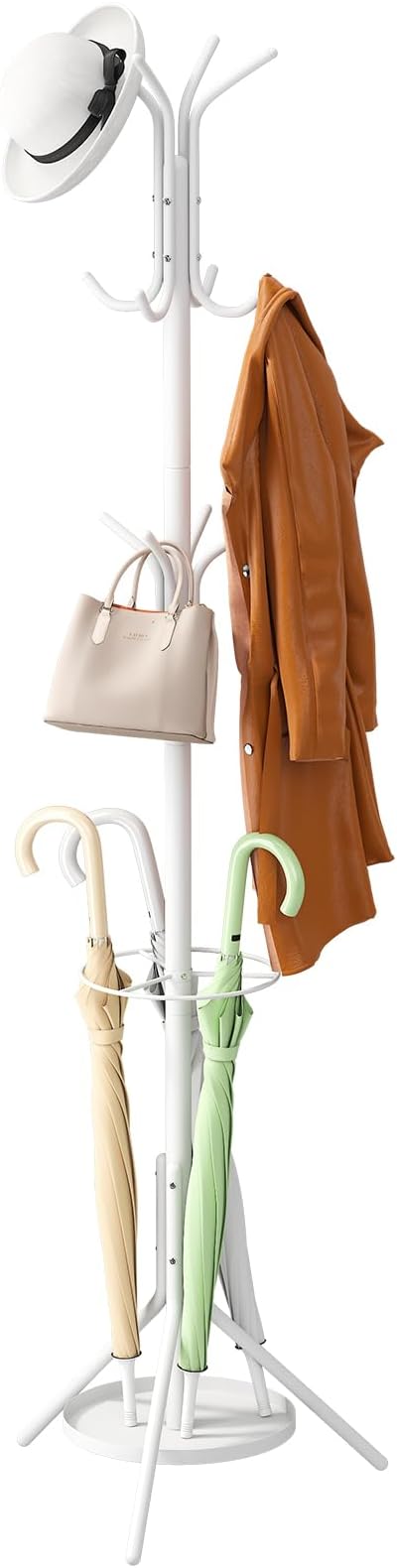 Coat Rack Freestanding Entryway Hanger Stand, Umbrella Holder, Hall Tree With 12 Hooks, Floor Standing Metal Tree Stand, White-NeatNest