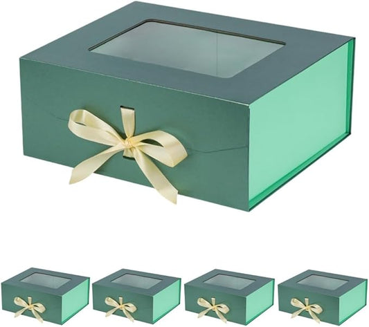 5 Pcs Green Gift Box for Presents with Ribbon 13.2x11x5.3 Inches Clear Gift Box with Window Magnetic Closure Gift Boxes with Lids-NeatNest