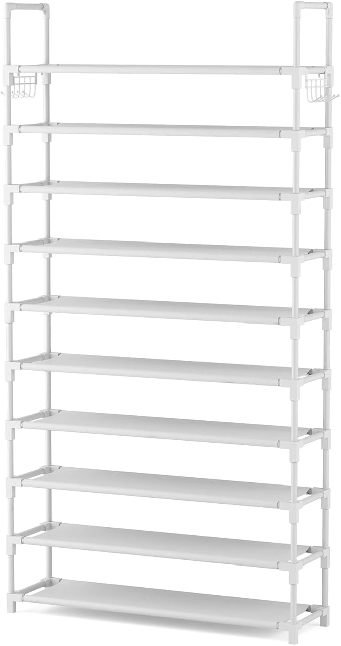 VTRIN 10 Tiers Shoe Rack Tall Large Capacity 50 Pairs Wide Shoe Organizer Sturdy Shoe Shelf for Entryway with Two Hooks Metal Shoe Storage for Closet, Bedroom, White, XJ-113-NeatNest