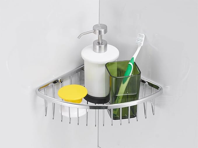 Corner Shower Caddy Basket,Shower Wall Shampoo Shelf Soap Holder,Full Brass Wire Basket for Inside Shower Storage and Bathtub Organizer in Polished Chrome