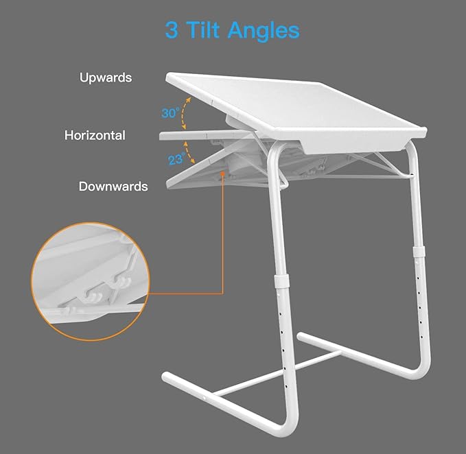 Adjustable TV Tray Table - TV Dinner Tray on Bed & Sofa, Comfortable Folding Table with 6 Height & 3 Tilt Angle Adjustments (White)-NeatNest