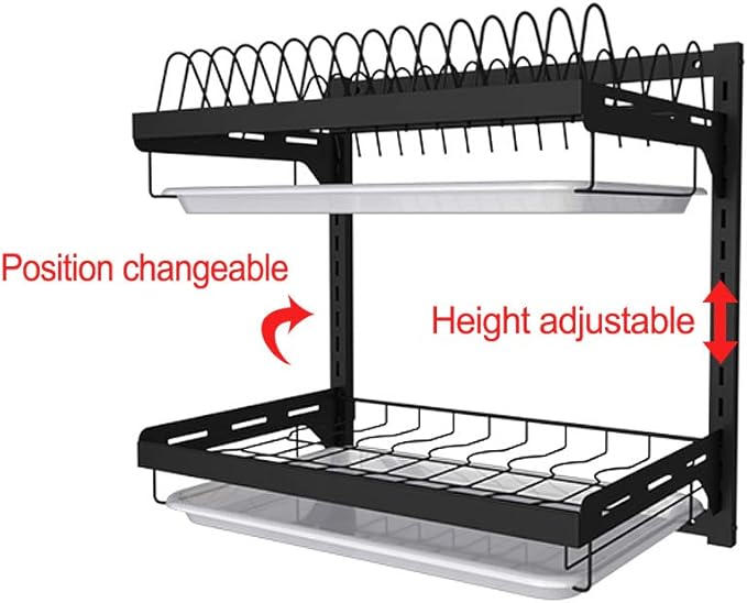 junyuan Kitchen Dish Rack,Hanging Dish Drying Rack Organizer Storage Shelf Over Sink,2 Tier Wall Mount Bowl Holder with Drain Tray and Silverware Stainless Steel Black Coating Ajustable Height