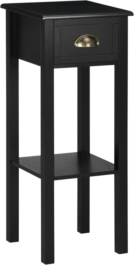 HOMCOM 2-Tier Side Table with Drawer, Narrow End Table with Bottom Shelf, for Living Room, Set of 1, Black