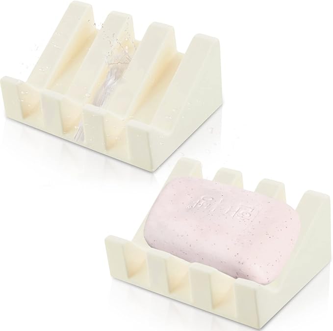 Cunhill 2 Pieces Silicone Soap Dish Self Draining Soap Dish Shower Waterfall Bar Soap Holder Tray with Drain Soap Saver for Kitchen Bathroom Accessories (Cream White)-NeatNest