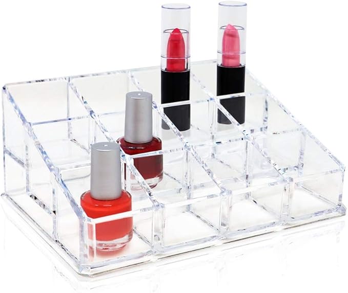 Isaac Jacobs Clear Acrylic 12 Compartment Nail Polish Holder, Organizer for Makeup, Essential Oils, Storage Solution, Rack Display (3 Rows (x4))-NeatNest