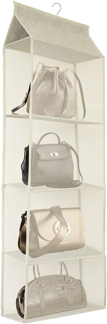 Closet Handbag Purse Holder, Space Saving Hanging Handbag Tote Bag Storage Organizer Holder with 4 Large Heavy-Duty Mesh Shelves for Wardrobe Closet(Beige)-NeatNest