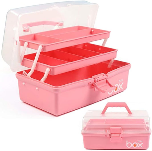 12in Three-Layer Multipurpose Storage Box Organizer Folding Tool Box/Art & Crafts Case/Sewing Supplies Organizer/Family First Aid organizer/Medicine Storage with 2 Trays (Pink)