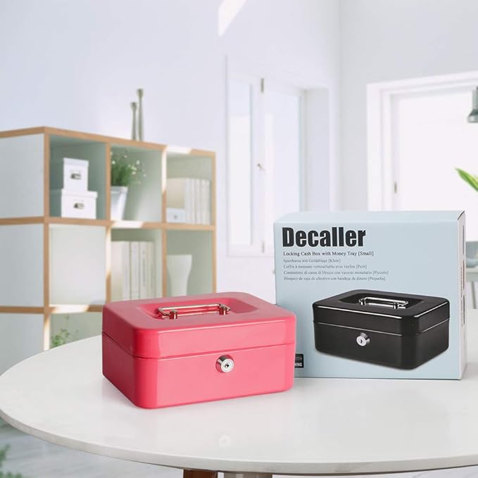Decaller Cash Box with Money Tray, Metal Locking Money Box with Key Lock for Security, 7 4/5" x 6 4/5" x 3 3/5", Pink-NeatNest