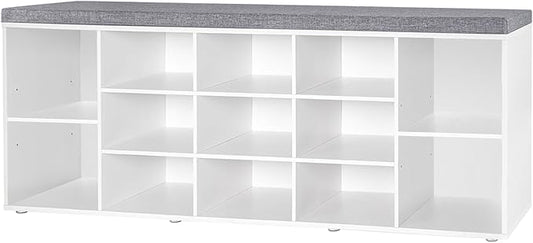 DINZI LVJ Shoe Storage Bench with Cushion, 13-Cubby Shoe Rack, Adjustable Shelves, Multifunctional Shoe Organizer Bench for Entryway, Mudroom, Hallway, Living Room, Bedroom and Garage, White-NeatNest