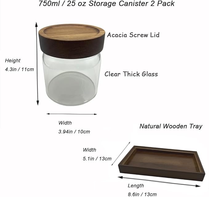 Clear Glass Storage Canister with Airtight Wooden Screw Lid 25oz/750g 2 PACK with Tray,Decorative Container Jar for Coffee,Spice,Candy,Salt,Cookie,Condiment,Pepper,Sugar,Overnight Oatmeal-NeatNest