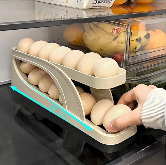 Generic Egg Dispenser for Refrigerator or Kitchen Countertop, Automatic Roll Down Egg Storage for Fridge, Space Saving Gravity Fed Egg Holder and Organizer Tray (Beige/Off White)