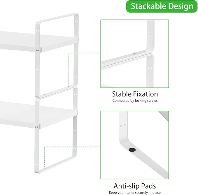 Expandable Kitchen Cabinet Shelf Organizers 2 Pack, Stackable Metal Pantry Storage Shelves Rack, Adjustable Counter Shelf for Cabinets, Countertop, Cupboard Organizers and Storage, White-NeatNest
