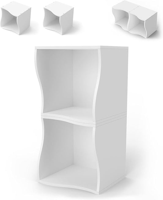 2 Cube Storage Organizer Shelf, Stackable Wooden Bookshelf, Modular Bookcase for Bedroom, Living Room, Office, Study (White)-NeatNest