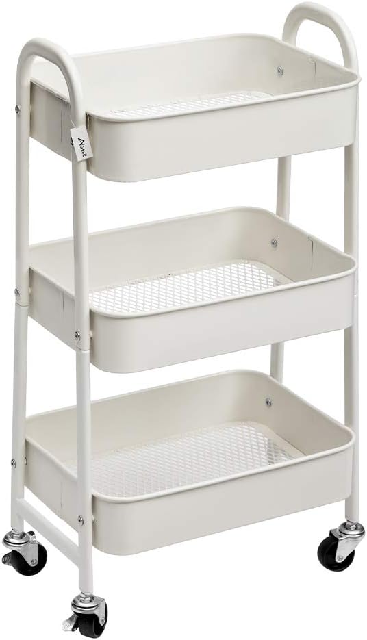AGTEK Makeup Cart, Movable Rolling Organizer Cart, White 3 Tier Metal Utility Cart-NeatNest