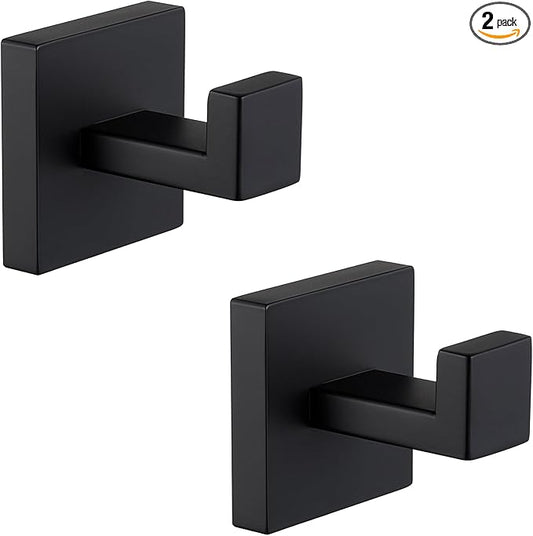 Angle Simple Matte Black Towel Hooks for Bathroom, SUS 304 Stainless Steel Square Wall Coat Hooks, 2 Pack
