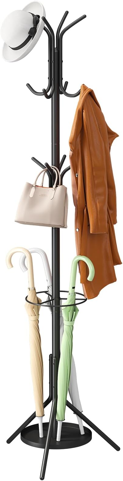 Coat Rack Freestanding,Entryway Hanger Stand,Umbrella Holder,Hall Tree With 12 Hooks, Floor Standing Metal Tree Stand,Black-NeatNest