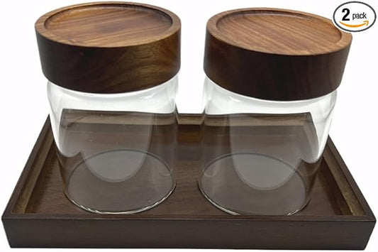 Clear Glass Storage Canister with Airtight Wooden Screw Lid 11oz/350g 2 PACK with Tray,Decorative Container Jar for Coffee,Spice,Candy,Salt,Cookie,Condiment,Pepper,Sugar,Overnight Oatmeal-NeatNest