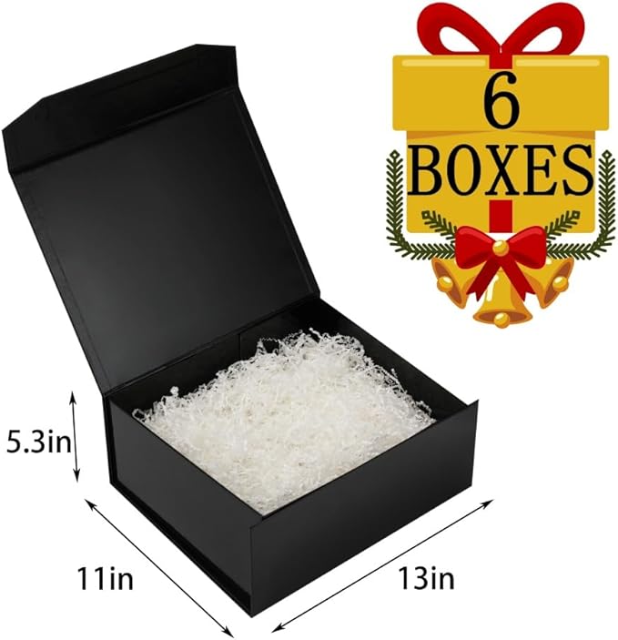 6 Pcs Black Gift Box Large 13x11x5.3 Inch Large Black Gift Box Large Magnetic Gift Box with Crinkle Paper Black Large Gift Box with Shredded Paper Luxury Gift Boxes with Lids for Presents-NeatNest