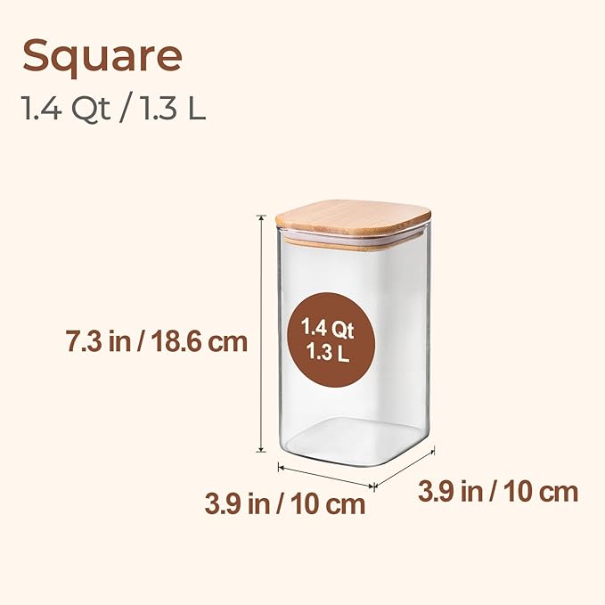ComSaf 1.4 Qt Glass Storage Containers with Lids, Glass Jars with Lids, Clear Food Storage Jar, Square Canister Set of 3, Pantry Organizers and Storage for Flour Oat Pasta Tea Cookie Coffee Bean-NeatNest