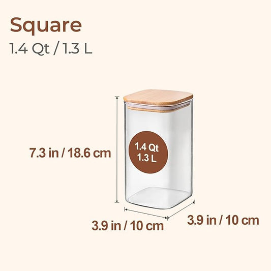 ComSaf 1.4 Qt Glass Storage Containers with Lids, Glass Jars with Lids, Clear Food Storage Jar, Square Canister Set of 3, Pantry Organizers and Storage for Flour Oat Pasta Tea Cookie Coffee Bean-NeatNest