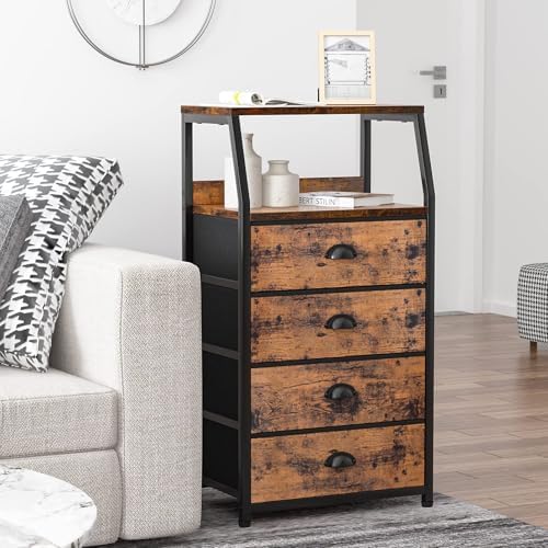 Furnulem Night Stand, Tall 4 Drawers Dresser for Bedroom, Hallway, Nursery, Closet Organizer, Nightstand Bedside Table Furniture, Vertical Storage Tower Fabric, Sturdy Steel Frame, Wood Top-NeatNest