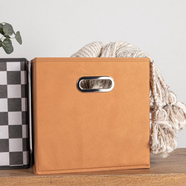 Household Essentials Fabric Storage Cube Bins, 6 Piece Set, Strong Poly-Woven Fabric, Chipboard Sides, Grommet Front Handle, Stackable and Foldable, Classic Design, Terracotta Color