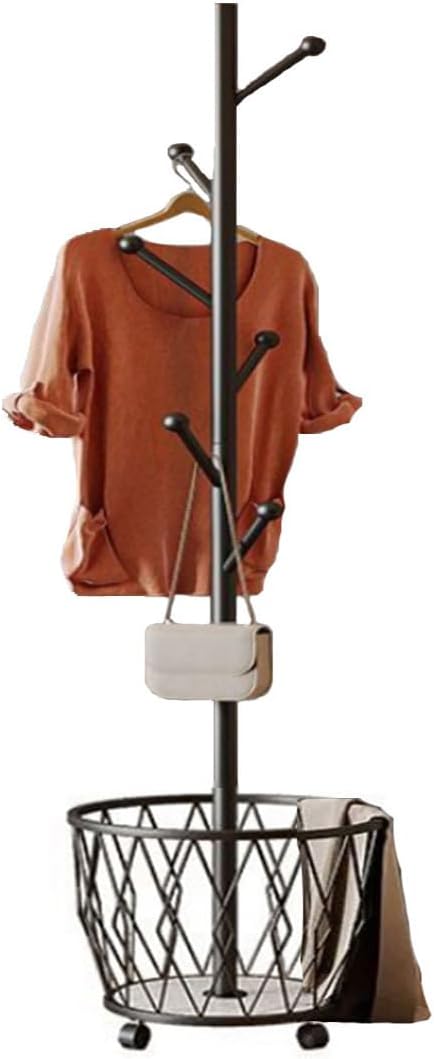 Freestanding Metal Coat Rack Stand with Basket Modern Organizer for Scarf Jacket Hat Bags Ideal for Home Entryway Bedroom Corner Stable and Moveable tree (black)