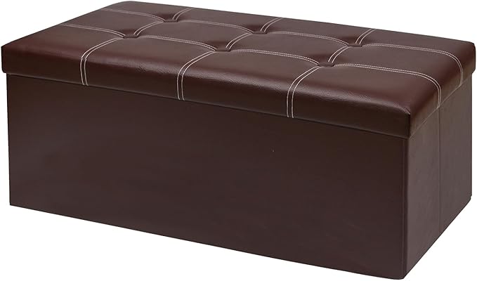 30 Inches Folding Storage Ottoman Bench, Faux Leather Footrest Ottoman, Storage Trunk Footrest for Bedroom, Living Room and Hallway, Support 350lbs, Brown White line