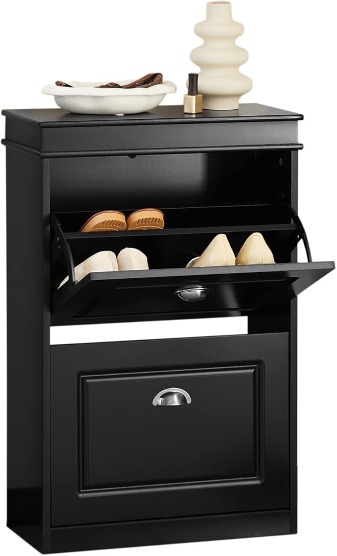 SoBuy Small Shoe Cabinet, Slim Shoe Rack 2 Flip-Drawers, Thin Shoe Storage Cupboard Organizer Unit for Entryway and Hallway, Black FSR78-SCH-NeatNest