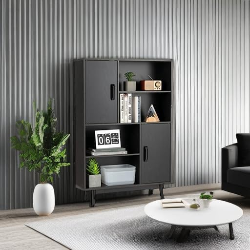 Giantex Storage Cabinet with Legs, Floor Cabinet with Doors, Shelves, Anti-Tipping Device, 4-Tier Bookshelf for Books & Photos, Tall Cupboard in Living Room, Kitchen Buffet Sideboard (Black)