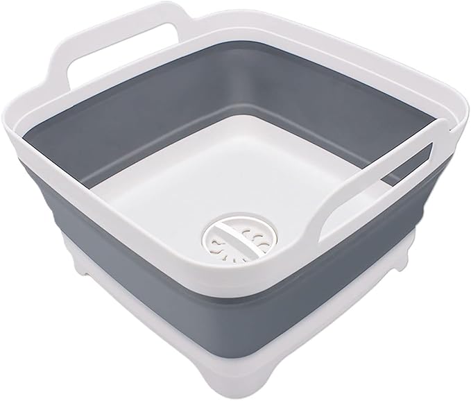 2.4 Gal(9L) Collapsible Dish Basin with Drain Plug, Space Saving Outdoor Multiuse Foldable Sink Tub, Dishpan, Kitchen Storage Tray for Camping, Vegetable Washing, RV (Gray)-NeatNest