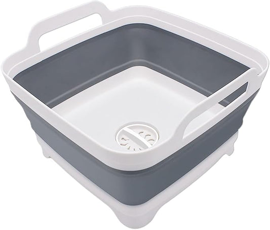 2.4 Gal(9L) Collapsible Dish Basin with Drain Plug, Space Saving Outdoor Multiuse Foldable Sink Tub, Dishpan, Kitchen Storage Tray for Camping, Vegetable Washing, RV (Gray)-NeatNest