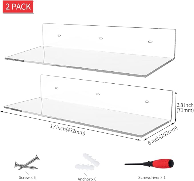 17 Inches Acrylic Shelves, Wall Mounted Shelves for Bedroom, Wall Display Shelves for Collectibles, Funko Pop, Speaker, Plants, 2 Pack-NeatNest