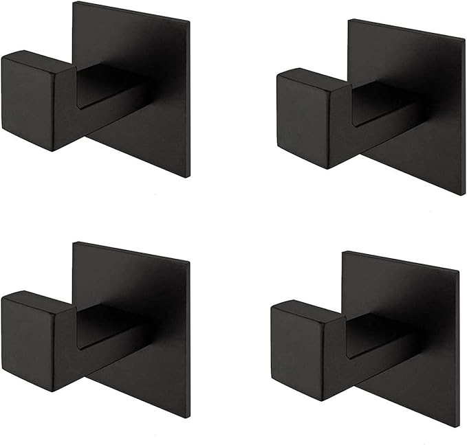 4PC Self Adhesive 304 Stainless Steel Bathroom Square Towel Hook Chrome Finish Coat hat Door Hook Hanger Bathroom Accessories,No Screw Need (Black, 4PC)