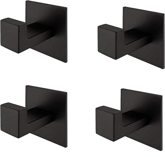 4PC Self Adhesive 304 Stainless Steel Bathroom Square Towel Hook Chrome Finish Coat hat Door Hook Hanger Bathroom Accessories,No Screw Need (Black, 4PC)