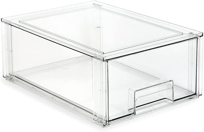 Isaac Jacobs Large Stackable Organizer Drawer (13.5” x 9.9” x 5.4”), Clear Plastic Storage Box, Pull-Out Bin, Home, Office, Closet & Shoe Organization, BPA-Free, Food/Fridge/Freezer Safe (Large)
