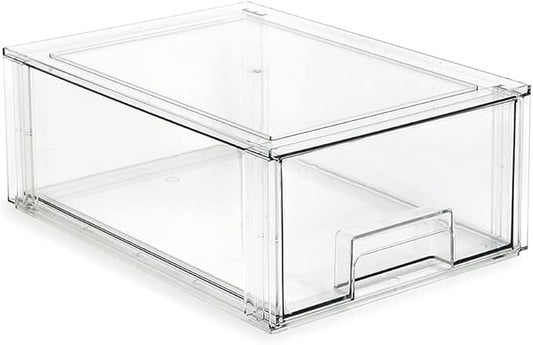 Isaac Jacobs Large Stackable Organizer Drawer (13.5” x 9.9” x 5.4”), Clear Plastic Storage Box, Pull-Out Bin, Home, Office, Closet & Shoe Organization, BPA-Free, Food/Fridge/Freezer Safe (Large)