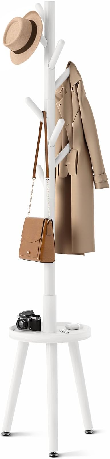 GREENSTELL Coat Rack with 8 Hooks, Wooden Coat Rack Freestanding with Shelf, Coat Tree with 4 Height Options 50.5"-72.6", Coat Hanger Stand for Bags, Clothes, Umbrellas, Hats, in Home, White-NeatNest
