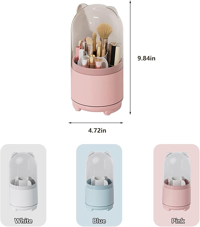 Cute Makeup Brush Holder Organizer with Lid, Rotating Dustproof Make Up Brushes Container with Clear Acrylic Cover for Vanity Desktop Bathroom Countertop-NeatNest